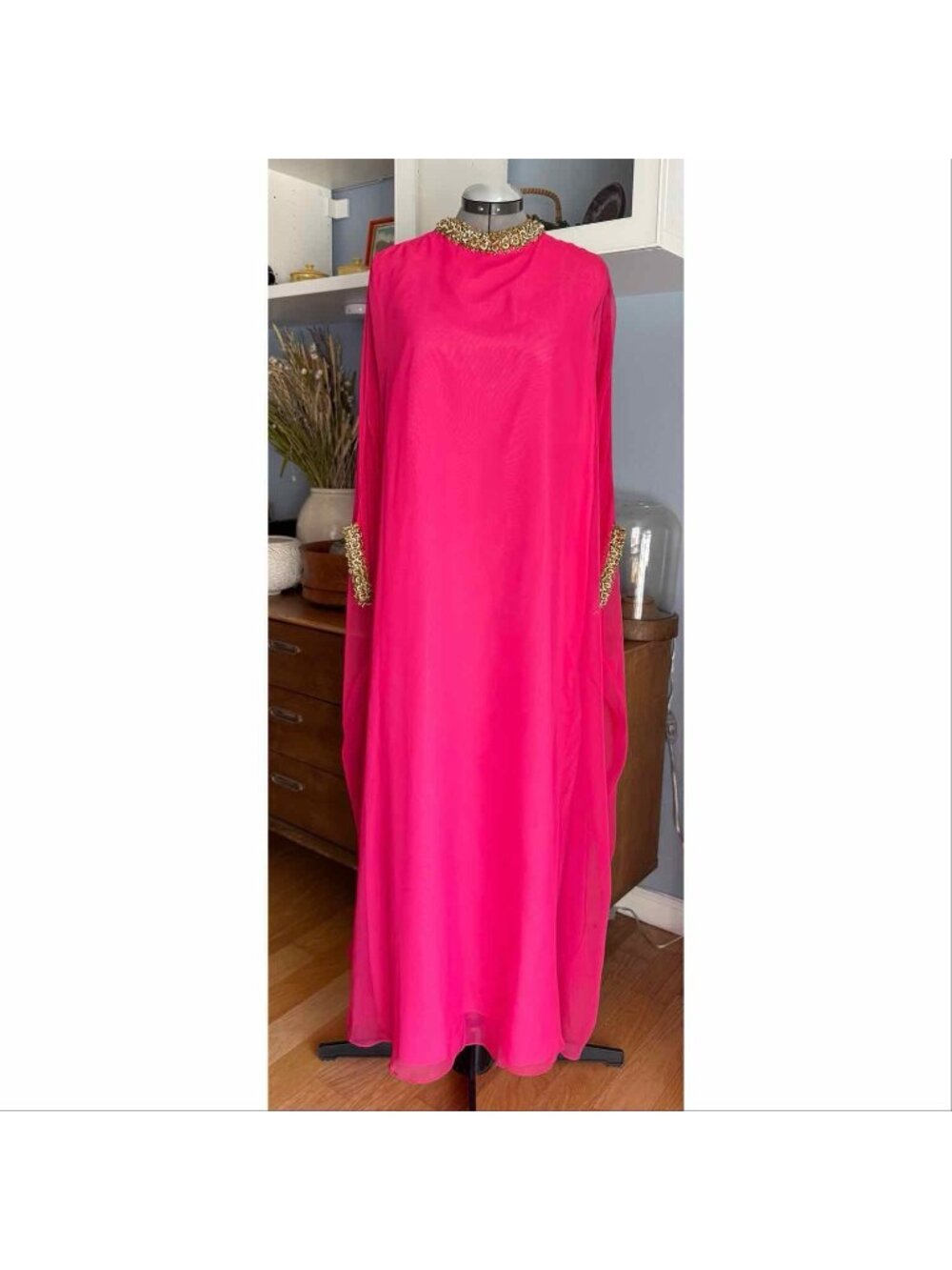 Vintage 70s Hostess Caftan Pink Chiffon Beaded Maxi Dress Gown By Greenecastle